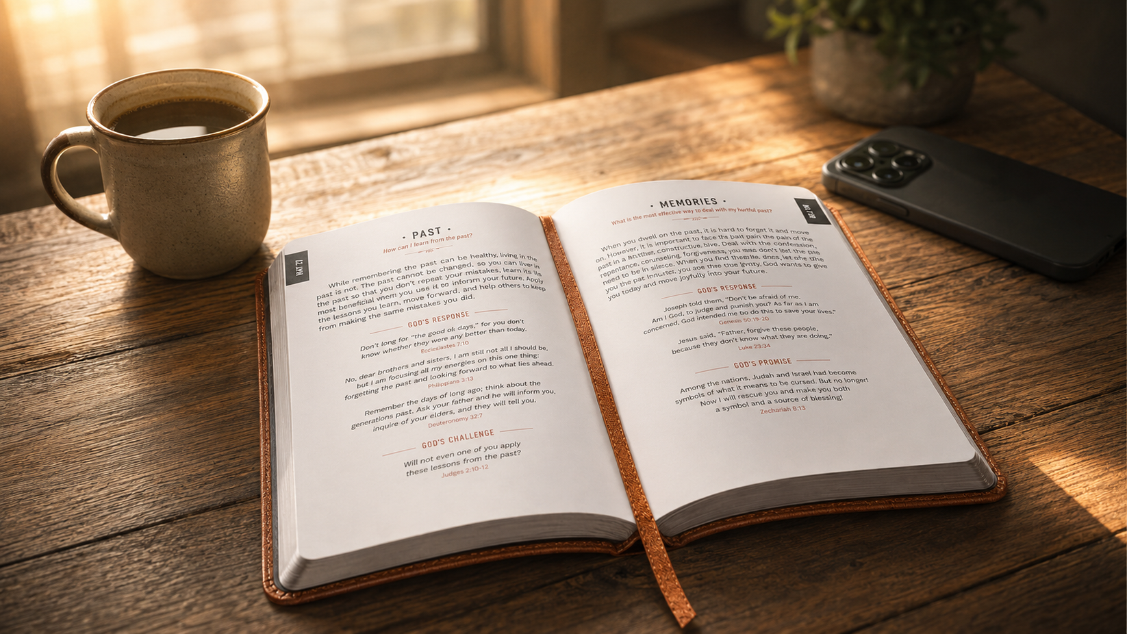 Open Holy Habit devotional beside coffee and a face-down phone in warm morning light